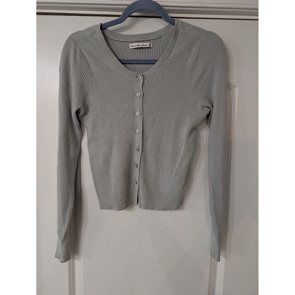 Abercrombie & Fitch Womens Ribbed V-Neck Cardigan Sweater gray Blue Medium thin